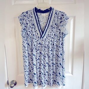 Goa Beachwear By Japna White Blue Floral V-Neck Tunic Top Flutter Sleeves Small